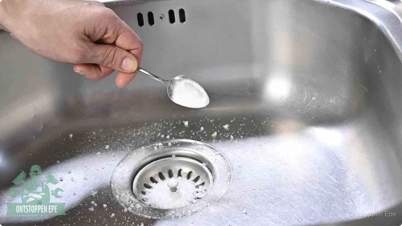 Hand strooit soda in de afvoer, riool ontstoppen met soda en azijn in Epe