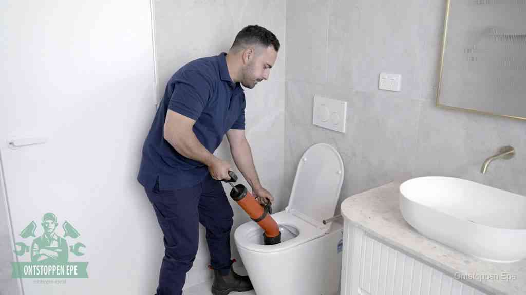 Een monteur gebruikt een handmatige perspomp (toiletontstopper) op een wandcloset tijdens het professioneel wc ontstoppen in Epe