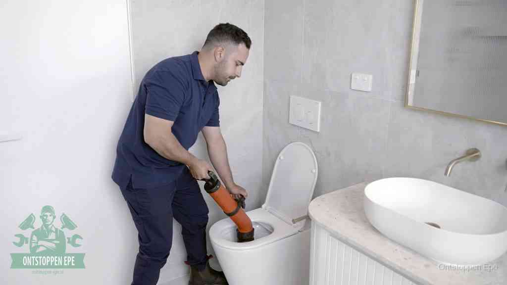 Een man gebruikt een handmatige luchtdruk-ontstopper in een modern betegeld toilet om zelf de wc te ontstoppen in Epe